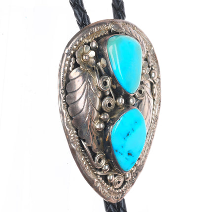 Roy B. Platero Navajo sterling silver 2 stone turquoise vintage bolo tie
