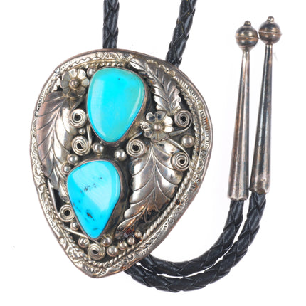 Roy B. Platero Navajo sterling silver 2 stone turquoise vintage bolo tie