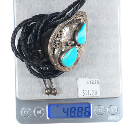 Roy B. Platero Navajo sterling silver 2 stone turquoise vintage bolo tie