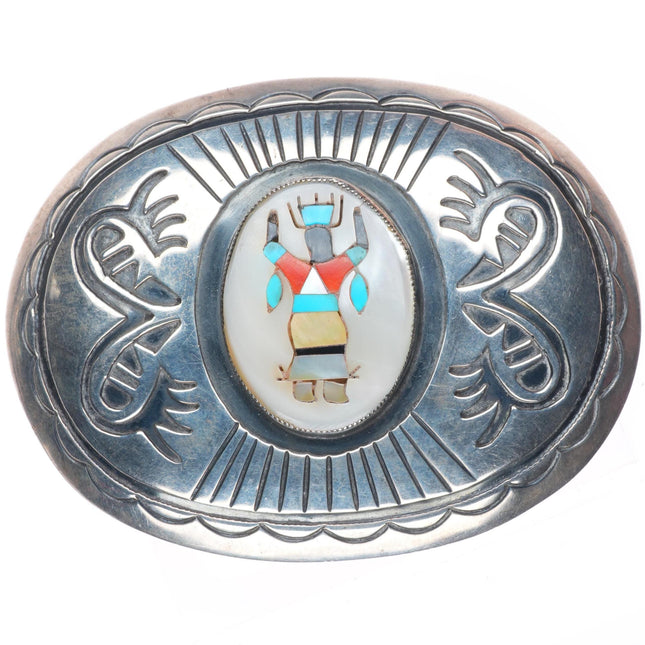 Large Vintage Navajo/Zuni Ghan Dancer shell/turquoise/coral inlay belt buckle