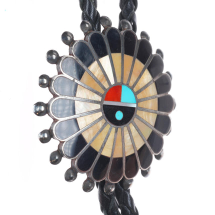 Victoria Unkestine Zuni sterling silver shell/turquoise sunface bolo tie