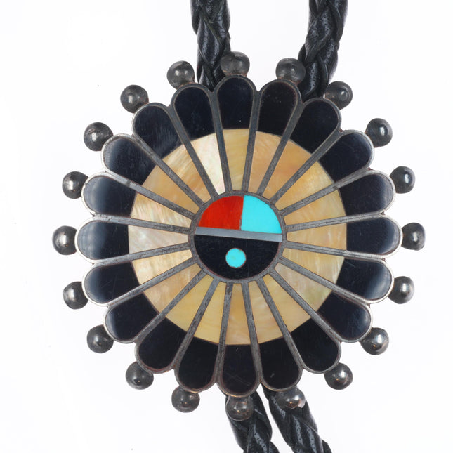 Victoria Unkestine Zuni sterling silver shell/turquoise sunface bolo tie