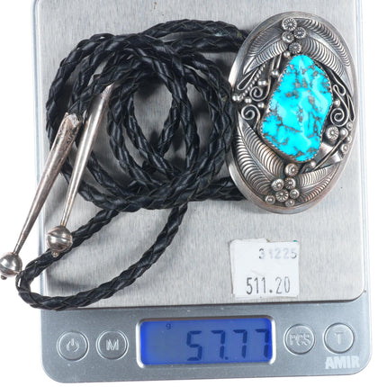 Thomas Nez Navajo Vintage sterling silver bolo tie with nice Kingman turquoise