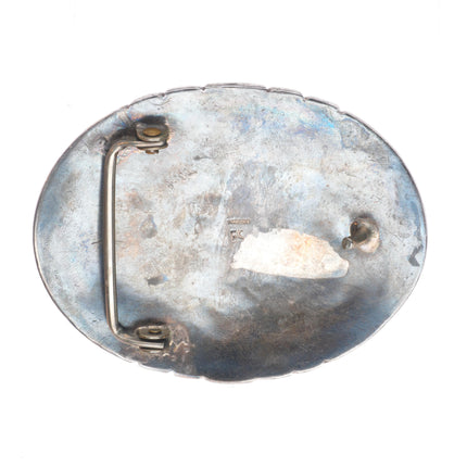 Vintage ES Navajo sterling silver 3 stone turquoise belt buckle fancy feathers