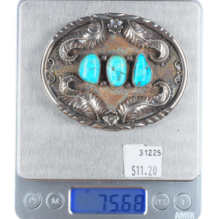 Vintage ES Navajo sterling silver 3 stone turquoise belt buckle fancy feathers
