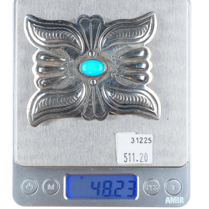 Vintage Navajo sterling silver mustache repousse style turquoise belt buckle