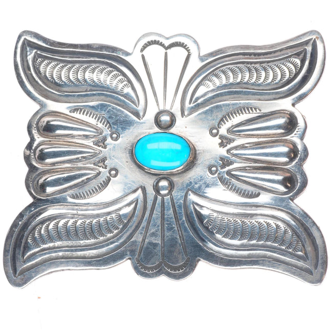 Vintage Navajo sterling silver mustache repousse style turquoise belt buckle