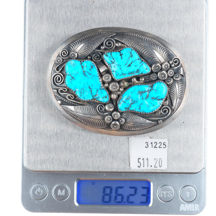 Thomas Nez Navajo sterling silver high grade Kingman turquoise belt buckle