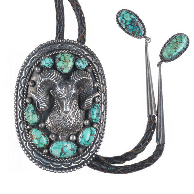 c1970 Heavy Vintage WM Navajo sterling silver ram bolo tie w/nice turquoise
