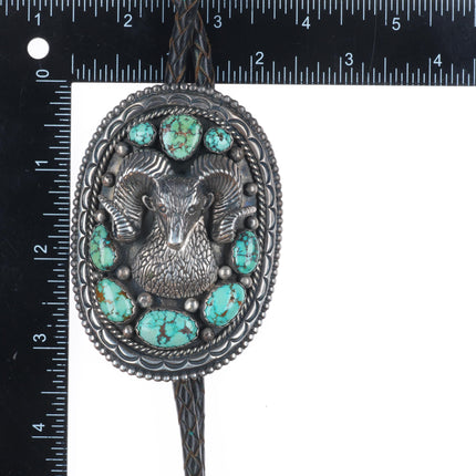 c1970 Heavy Vintage WM Navajo sterling silver ram bolo tie w/nice turquoise