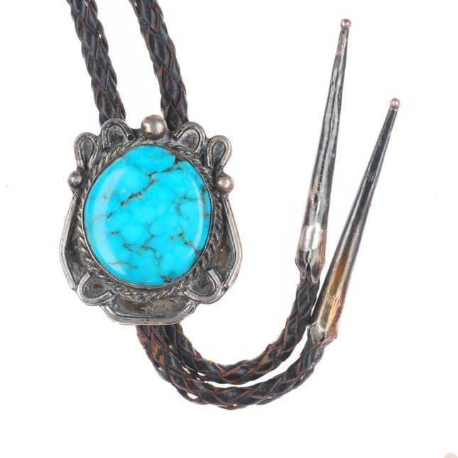 c1960 c-31 Vintage Navajo sterling silver spiderweb turquoise bolo tie