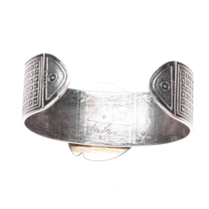 6.5" Retro Tabra Sterling silver Ammonite fossil Garnet cuff bracelet