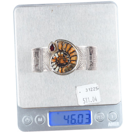 6.5" Retro Tabra Sterling silver Ammonite fossil Garnet cuff bracelet