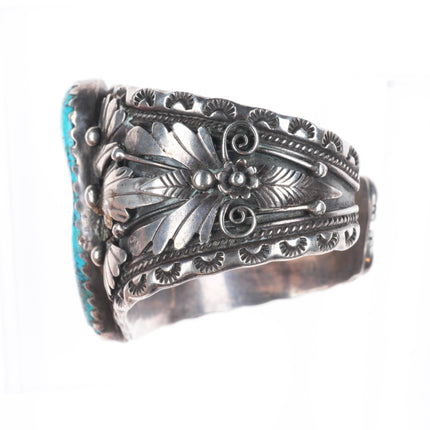 6.5" 1970's Vintage ET Navajo sterling silver spiderweb turquoise cuff bracelet