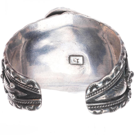 6.5" 1970's Vintage ET Navajo sterling silver spiderweb turquoise cuff bracelet