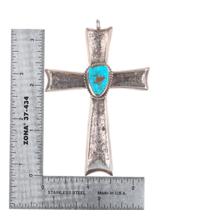 Big vintage Navajo Tufa cast sterling silver cross with turquoise