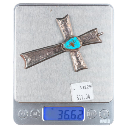 Big vintage Navajo Tufa cast sterling silver cross with turquoise