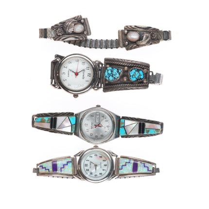4 Vintage Navajo sterling silver channel inlay/turquoise ladies watch tips