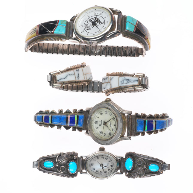 4 Vintage Navajo sterling silver channel inlay/turquoise ladies watch tips b