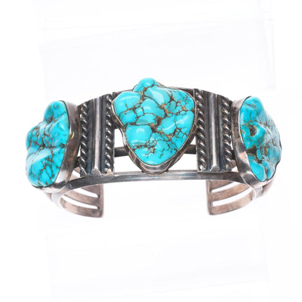 7" Vintage Chunky#8 Turquoise carved nugget sterling silver Navajo cuff bracelet