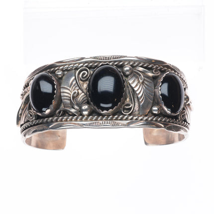 7.1" Herbert Tsosie Navajo  sterling silver onyx 3 stone vintage cuff bracelet