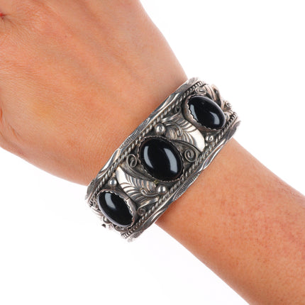 7.1" Herbert Tsosie Navajo  sterling silver onyx 3 stone vintage cuff bracelet
