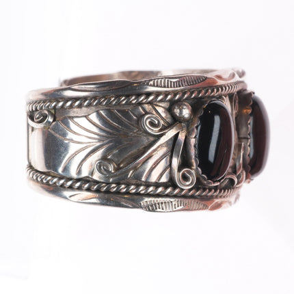 7.1" Herbert Tsosie Navajo  sterling silver onyx 3 stone vintage cuff bracelet
