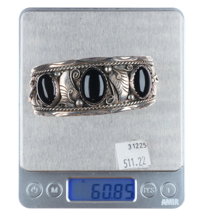 7.1" Herbert Tsosie Navajo  sterling silver onyx 3 stone vintage cuff bracelet