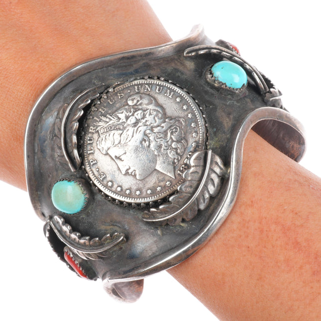 8" Big vintage Navajo sterling turquoise/coral 1879 silver dollar cuff bracelet