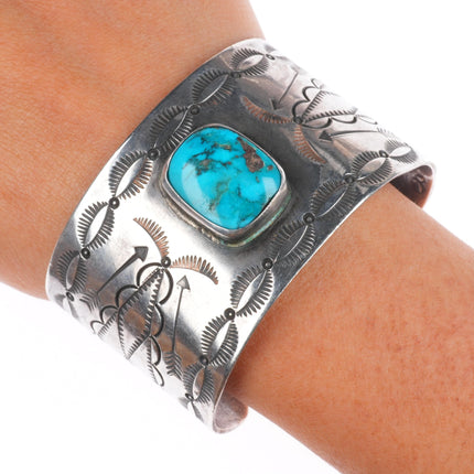 6.5" Vintage Navajo sterling silver deep stamped cuff bracelet with turquoise