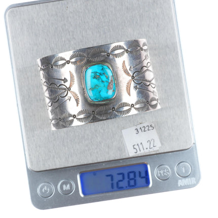 6.5" Vintage Navajo sterling silver deep stamped cuff bracelet with turquoise