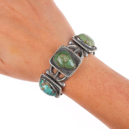 5.9" Vintage Navajo cast sterling silver cuff bracelet 3 green turquoise stones