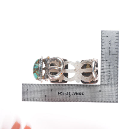 5.9" Vintage Navajo cast sterling silver cuff bracelet 3 green turquoise stones