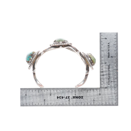5.9" Vintage Navajo cast sterling silver cuff bracelet 3 green turquoise stones