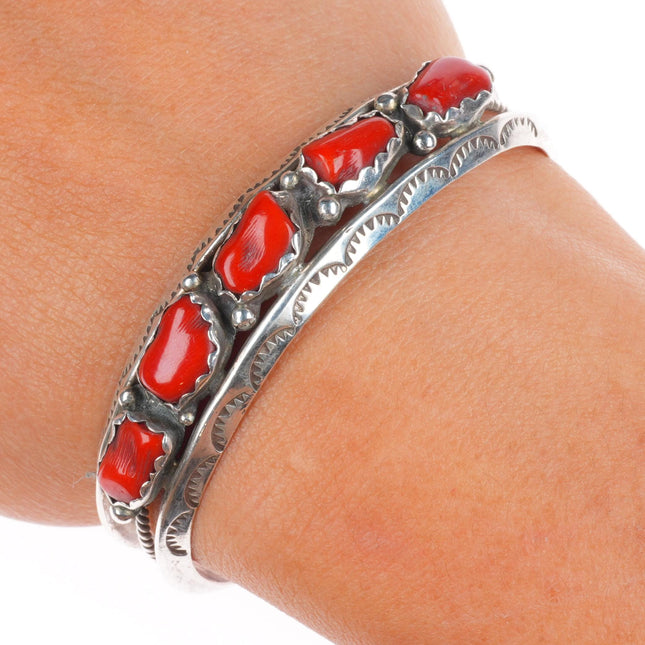 6.1" Vintage Navajo sterling silver red coral carinated row cuff bracelet