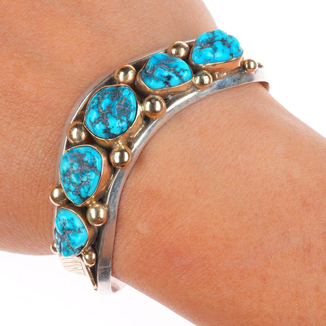 6" Les Baker shop 14k gold/Sterling silver turquoise row cuff bracelet