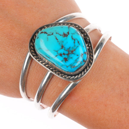 6" Vintage Navajo sterling silver Kingman turquoise 3 shank cuff bracelet