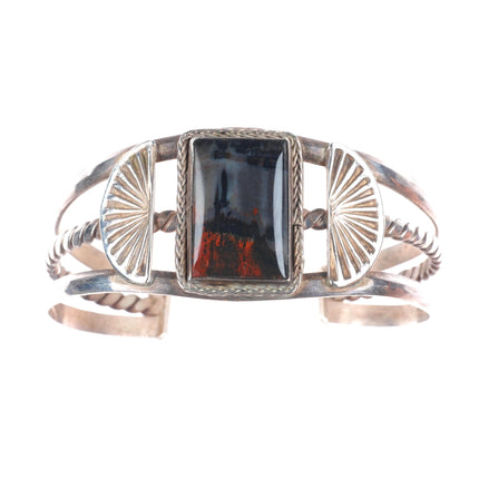 6.8" 1940's Vintage Navajo sterling silver petrified wood agate cuff bracelet