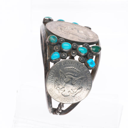 7.25" Vintage Navajo sterling silver turquoise cluster dollar cuff bracelet