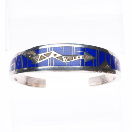 7.1" Vintage Navajo sterling silver lapis channel inlay cuff bracelet