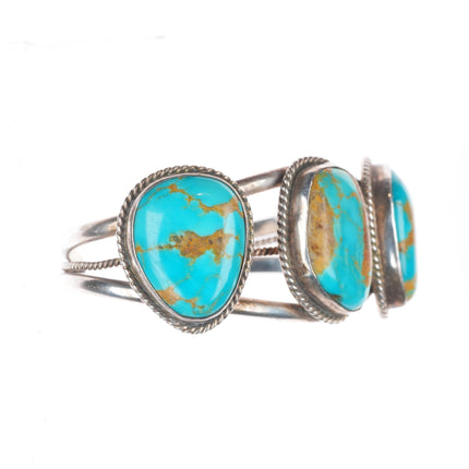 6.1" Vintage Navajo sterling silver 3 large stone turquoise cuff bracelet