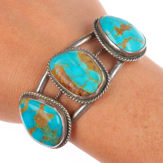 6.1" Vintage Navajo sterling silver 3 large stone turquoise cuff bracelet