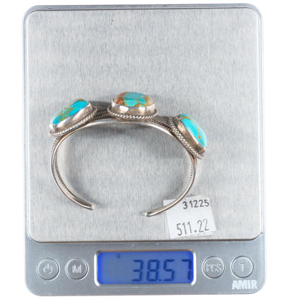 6.1" Vintage Navajo sterling silver 3 large stone turquoise cuff bracelet