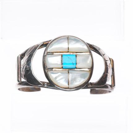 6.5" Vintage Zuni sterling silver mother of pearl/turquoise inlay cuff bracelet