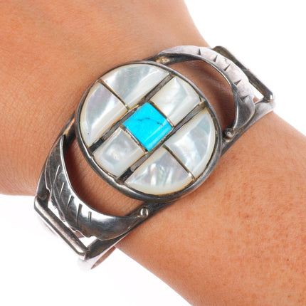 6.5" Vintage Zuni sterling silver mother of pearl/turquoise inlay cuff bracelet