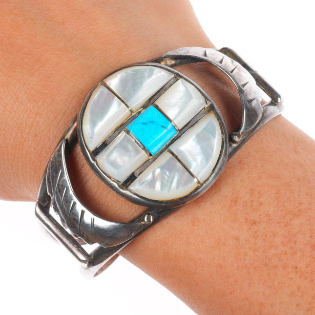 6.5" Vintage Zuni sterling silver mother of pearl/turquoise inlay cuff bracelet