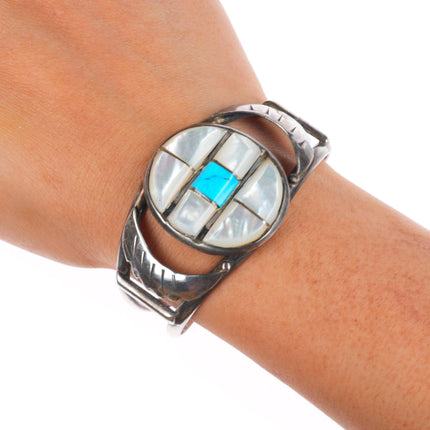 6.5" Vintage Zuni sterling silver mother of pearl/turquoise inlay cuff bracelet