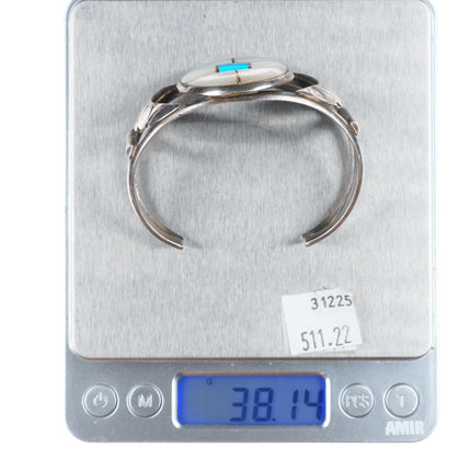 6.5" Vintage Zuni sterling silver mother of pearl/turquoise inlay cuff bracelet