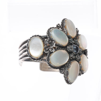 6.5" Vintage southwestern sterling silver mother of pearl onyx cuff bracelet