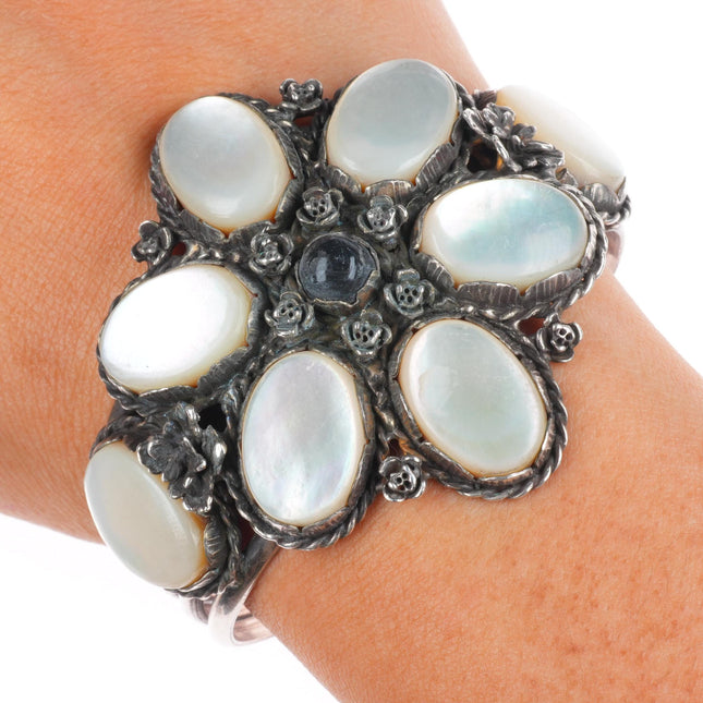 6.5" Vintage southwestern sterling silver mother of pearl onyx cuff bracelet